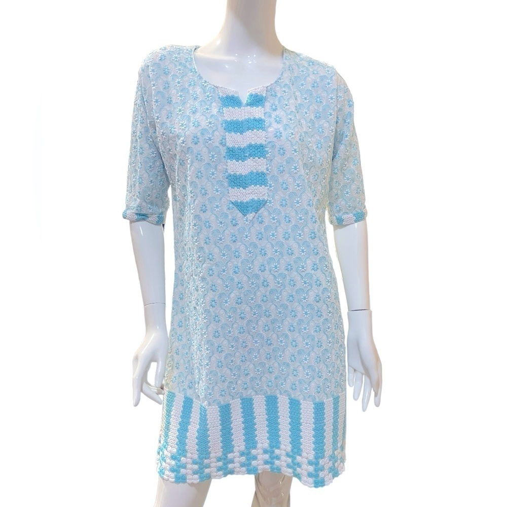 Kaira Split Neck Embroidered Floral Turquoise White Tunic Kurata XL
